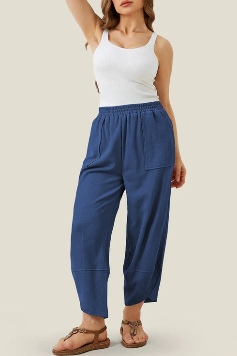 Solid Elastic Waist Asymmetrical Hem Loose Capri Pants