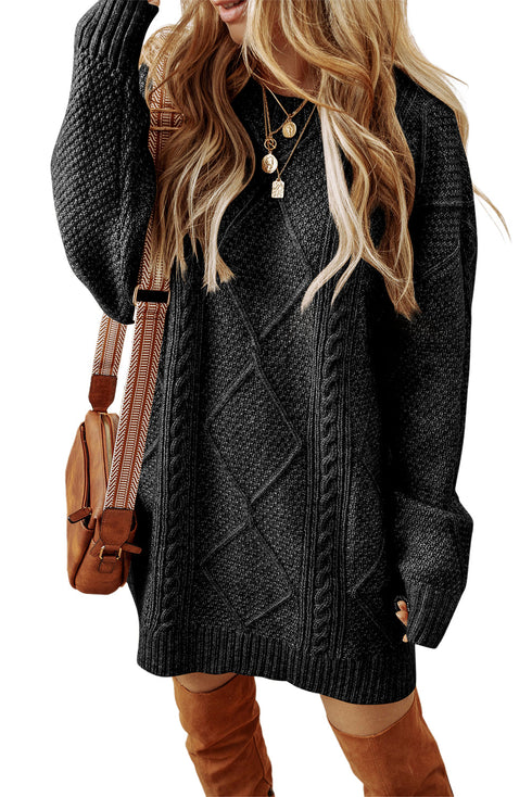 Long Sleeve Cable Knit Crew Neck Sweater Dress