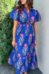 Floral Puff Short Sleeve V Neck High Waist Maxi Dress