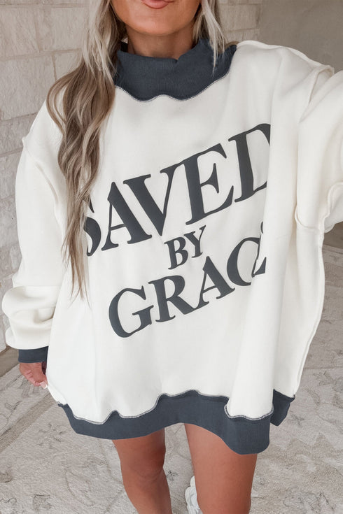 Saved By Grace Print Mock Neck Oversized Sweatshirt
