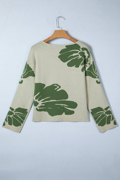 Abstract Botanical Print Boat Neck Knit Pullover Sweater
