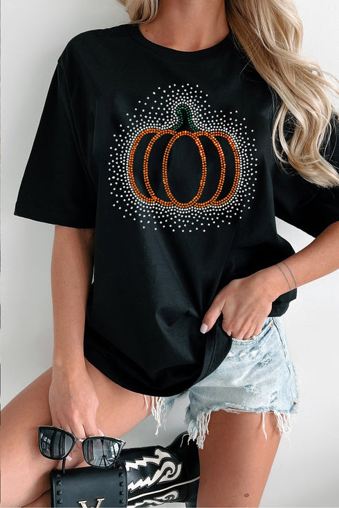 Rhinestone Pumpkin Graphic Print Short Sleeve Tee