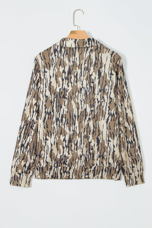 Allover Camo Zipper Collar Front Pocket Pullover Sweatshirt