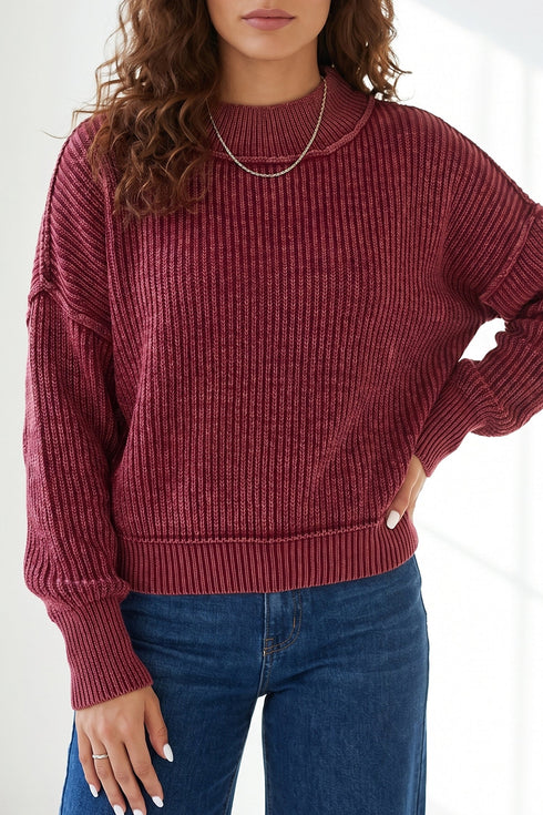Seamed Drop Shoulder High Neck Ribbed Sweater