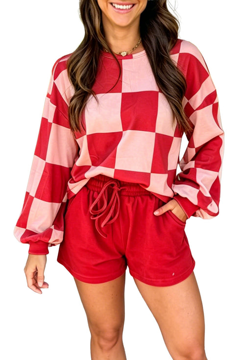 Checkerboard Plaid Long Sleeve Top Clean Finish Short Set