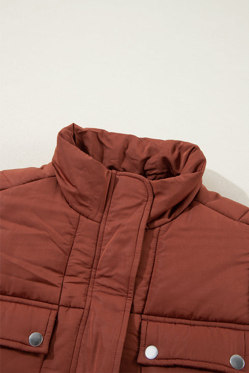 Solid Quilted Stand Collar Zipped Mid Length Puffer Coat