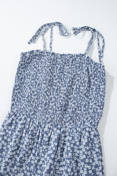 Floral Print Thin Strap Smocked Bodice Wide Leg Jumpsuit