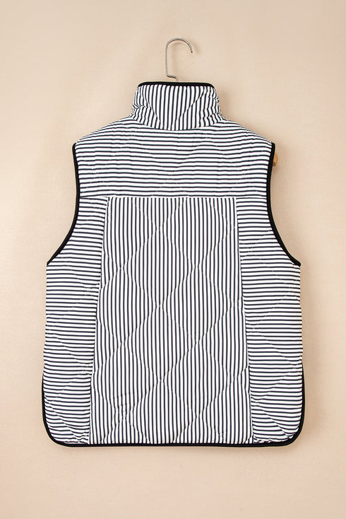 Stripe Print Contrast Trim Quilted Snap Button Vest