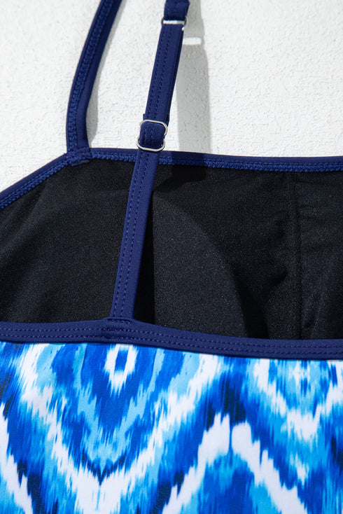 Geometric Ikat Ruffle Trim Strap Tankini Top