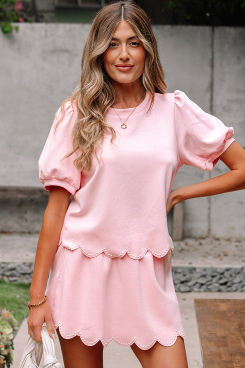 Puff Sleeve Pearl Embellished Scallop Trim Two Piece Dress