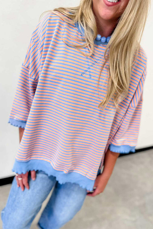 Scalloped Trim Stripe Print Loose Silhouette Top