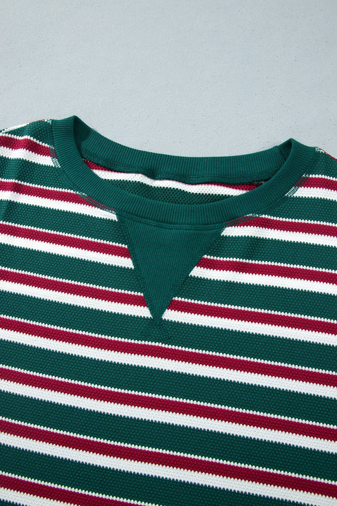Striped Waffle Knit Round Neck Long Sleeve Sweatshirt