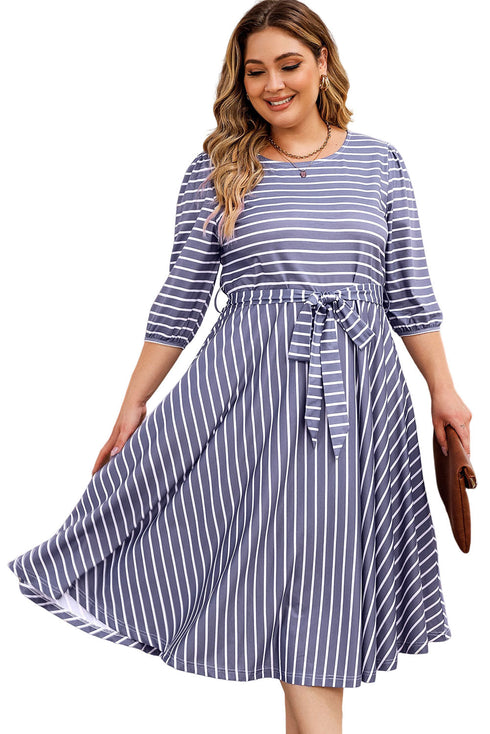 Striped Tie Waist Three Quarter Sleeve Plus Size Dress