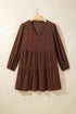Corduroy V Neck Long Sleeve Mini Dress