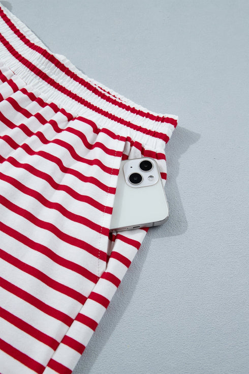 Stripe Scallop Trim Casual Top 2Pcs Short Set