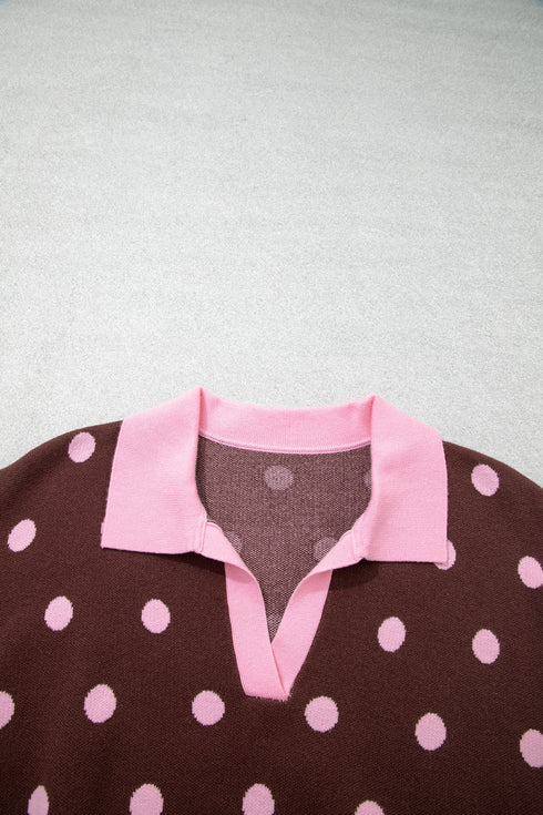 Polka Dot Pattern Collared Loose Pullover Sweater