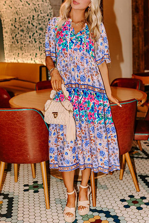 Mixed Floral Print Tie Split Neck Short Sleeve Dress