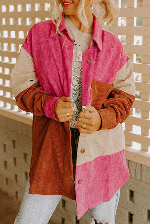 Casual Curved Hem Corduroy Pocket Shirt Jacket