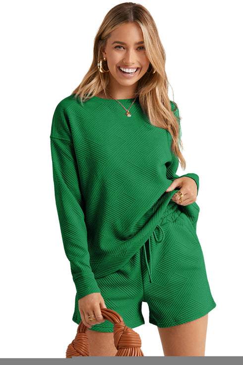Textured Long Sleeve Top And Drawstring Lounge Short Sets