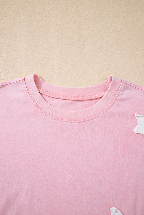 Acid Wash Star Applique Rolled Trim Pants Set