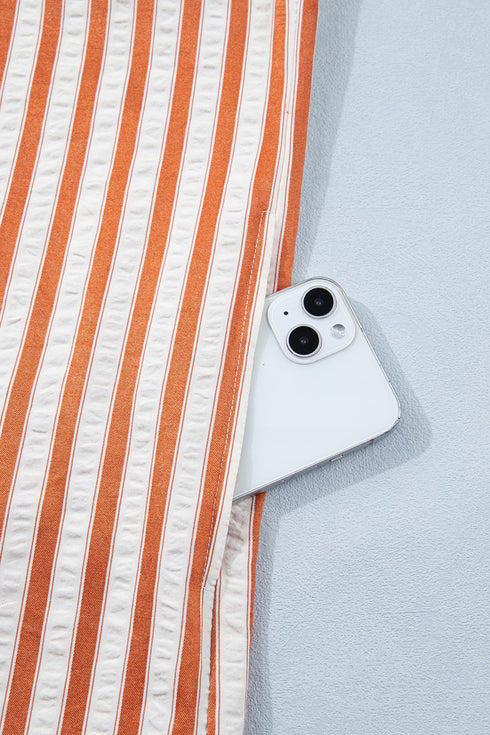 Striped Pinched V Neck Cuffed Shift Mini Dress