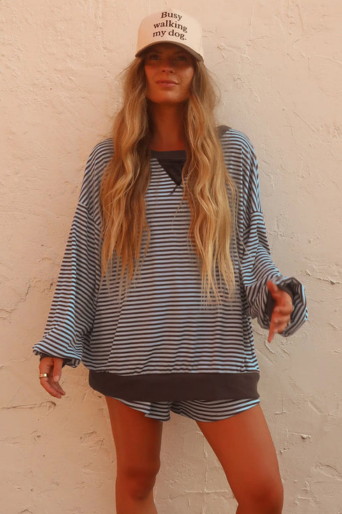 Striped Oversized Long Sleeve Top Drawstring Loose Two Piece Short Set