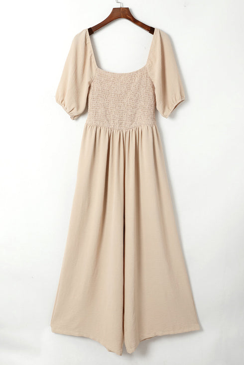 Solid Short Bubble Sleeve Smocked Wide Leg Jumpsuit