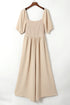Solid Short Bubble Sleeve Smocked Wide Leg Jumpsuit