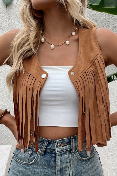Western Fringed Suedette Faux Leather Snap Button Vest