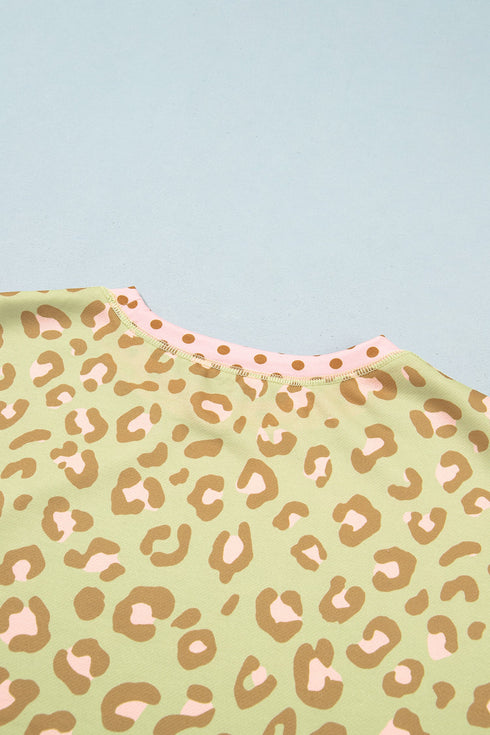 Leopard Polka Dot Trim Long Sleeve Top
