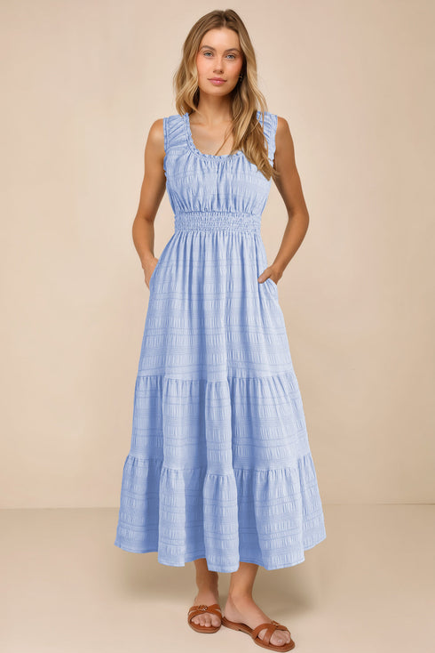 Elegant Shirred Pleated Square Neck Sleeveless Midi Dress