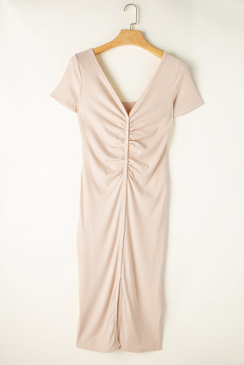 Short Sleeve Ribbed Button Front Ruched Maxi Dress