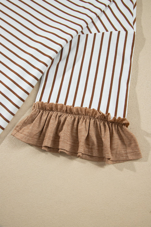 Striped Ruffle Sleeve V Neck Drawstring Pant Set