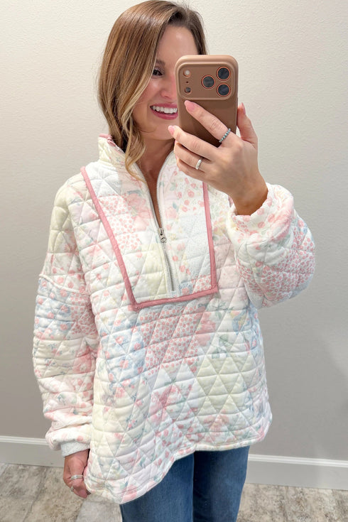 Floral Quilted Metal Zipper Collar Long Sleeve Sweatshirt