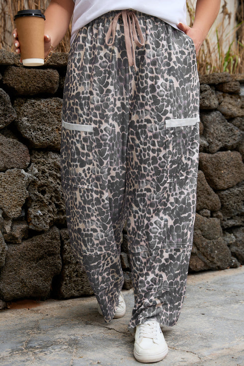 Leopard Print Raw Edge Drawstring Wide Leg Pants
