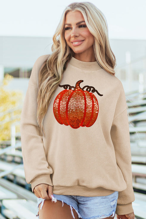 Sequined Pumpkin Graphic High Neck Baggy Sweatshirt