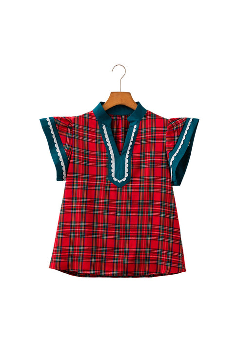 Plaid V Neck Short Sleeve Shift Silhouette Blouse