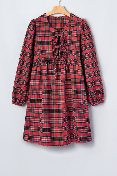 Plaid Tie Front Long Sleeve Short Shift Mini Dress
