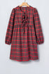 Plaid Tie Front Long Sleeve Short Shift Mini Dress