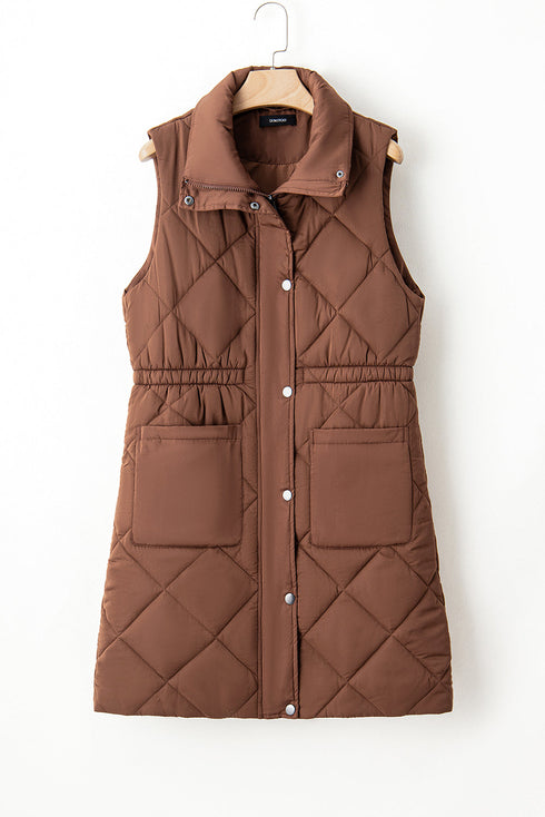 Casual Quilted Longline Stand Collar Puffer Vest