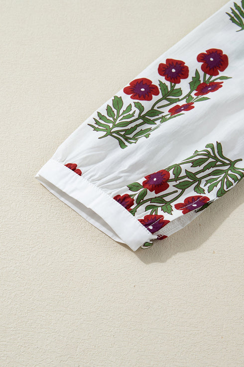 Frilled V Neck Three Quarter Sleeve A Line Floral Dress