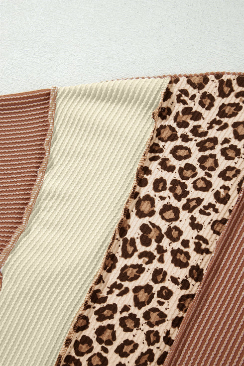 Leopard Print Ribbed Knit Corded Long Sleeve Top