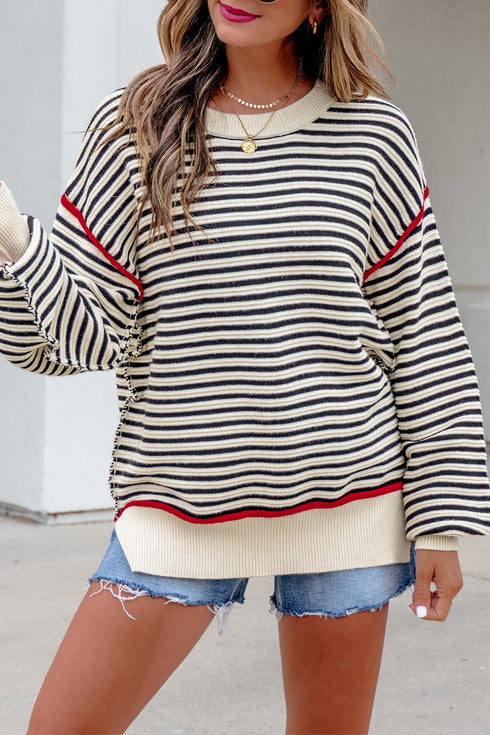 Striped Ribbed Trim Drop Shoulder Oversized Sweater