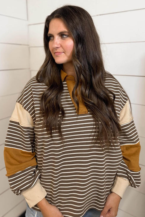 Striped Collar V Neck Long Sleeve Top