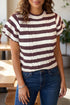 Striped Ribbed Knit Cable Short Sleeve Sweater