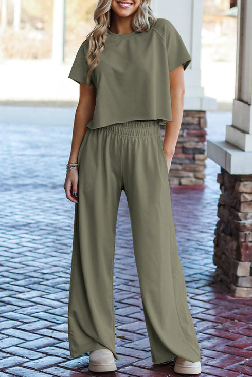 Smocked Raw Hem Loose Tee Wide Leg Pant Sets