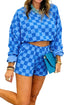 Plaid Long Sleeve Crop Top Elastic Waist Two Piece Short Set