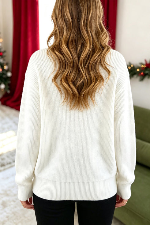Embroidered Wreath Applique Round Neck Graphic Knit Sweater
