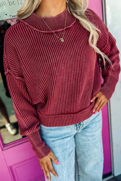 Seamed Drop Shoulder High Neck Ribbed Sweater