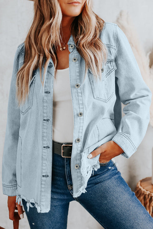 Casual Distressed Raw Hem Flap Pocket Denim Jacket